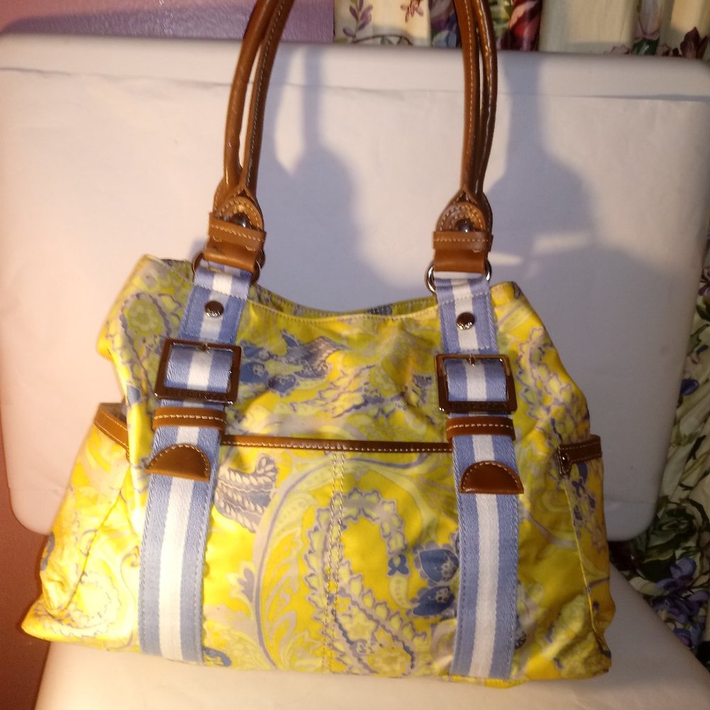 Tyler Rodan Yellow Blue Floral Paisley Fabric Double Handle Satchel Purse